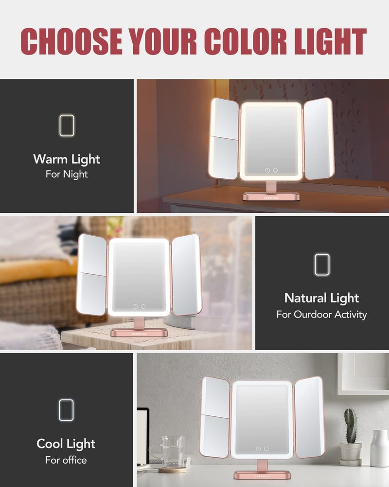 EASEHOLD Rechargable Makeup Mirror Vanity Mirror with Lights, 5000Mah & USB Cable, 112 LEDs Lighted Trifold Mirror with 1X 2X 3X 10X Magnification, Smart Touch, Portable Cosmetic Beauty Mirror - Image 2